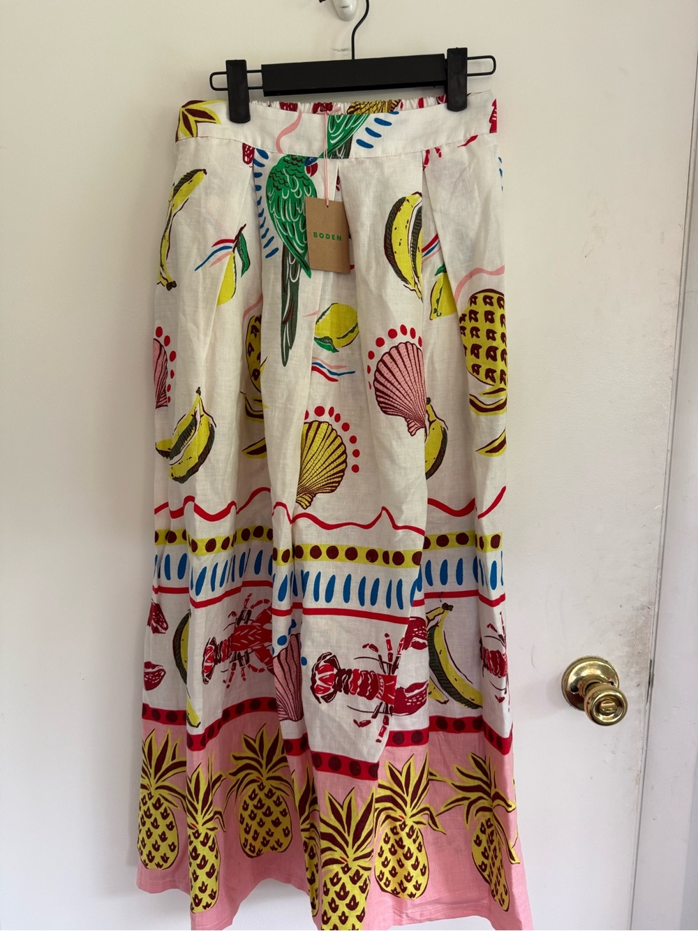 Boden White Linen Midi Skirt with Tropical Shells, Pineapples & Parrot Print